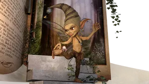 Mischievous Forest Elf Emerging From Book