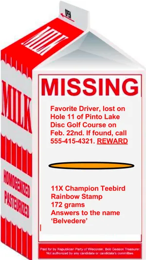 Missing Disc Golf Driver Milk Carton PNG image