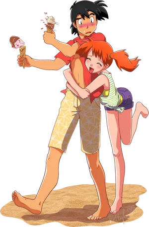 Mistyand Brock Ice Cream Mishap PNG image