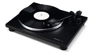 Modern Black Turntablewith Vinyl Record PNG image