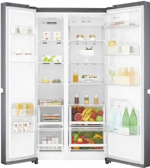 Modern Double Door Refrigerator Fullof Food PNG image