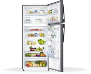 Modern Full Refrigerator Stockedwith Food PNG image