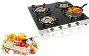 Modern Gas Stove With Fresh Vegetables PNG image