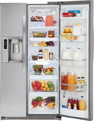 Modern Stainless Steel Refrigerator Fullof Food PNG image