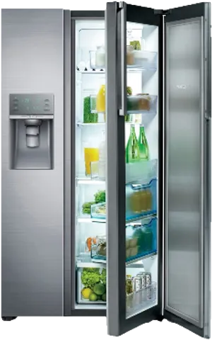Modern Stainless Steel Refrigerator Open Doors PNG image