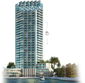 Modern Waterfront Skyscraper Design PNG image