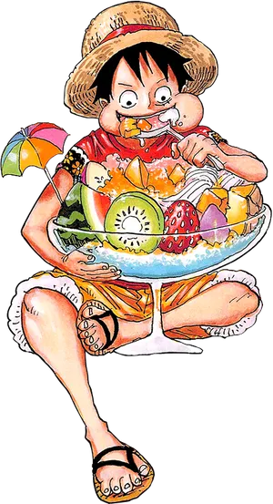 Monkey D Luffy Eating Fruit Salad PNG image
