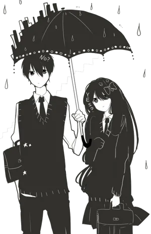 Monochrome Anime Couple Umbrella Rain PNG image