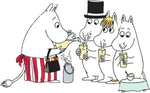 Moomin Characters Drinking Hot Beverage PNG image