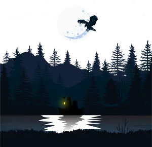 Moonlit Owl Forest Lake Scene PNG