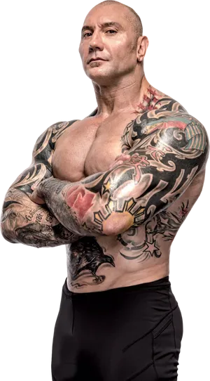 Muscular Tattooed Man Crossed Arms PNG image