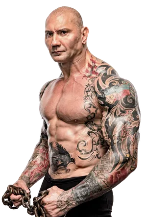 Muscular Tattooed Manwith Chains PNG image