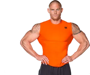 Muscular Wrestlerin Orange Sleeveless Shirt PNG