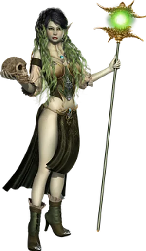 Mystical_ Elf_ Sorceress_with_ Staff_and_ Skull PNG image