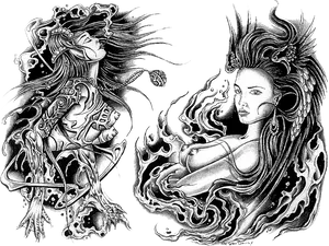 Mystical Women Fireand Water Tattoo Design PNG image