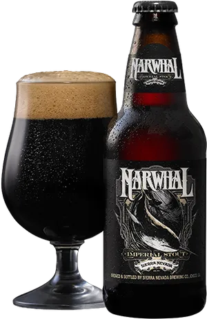 Narwhal Imperial Stout Beer Bottleand Glass PNG image