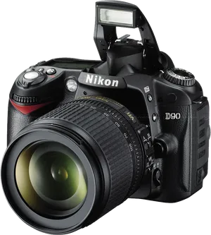 Nikon D90 D S L R Camerawith Flash Up PNG image