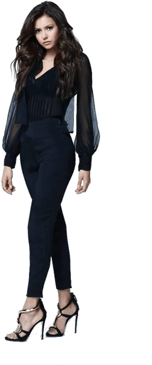 Nina Dobrev Elegant Black Outfit PNG image