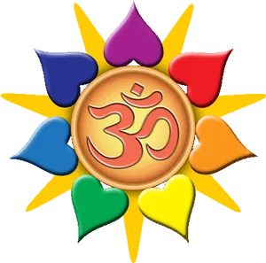 Om Symbolwith Colorful Heartsand Sun Rays PNG image