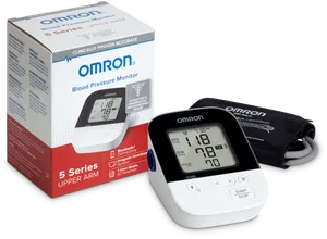 Omron Blood Pressure Monitorand Packaging PNG image