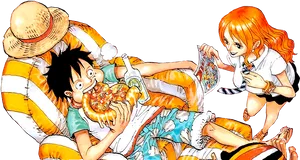 One Piece Luffy Nami Relaxing PNG image