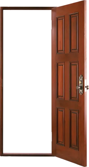 Open Wooden Doorwith Brass Handle PNG image