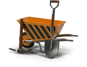 Orange Wheelbarrowand Shovel PNG image