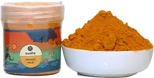 Organic Haldi Powderand Packaging PNG image