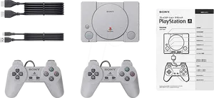 Original Play Station Consoleand Accessories PNG image
