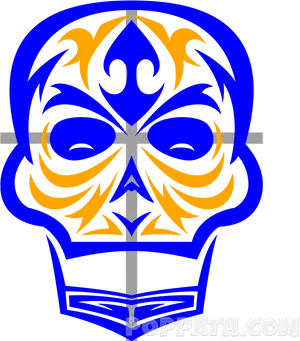 Ornate Blueand Orange Skull Design PNG image