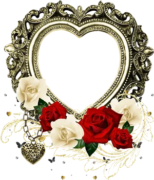 Ornate_ Golden_ Heart_ Frame_with_ Roses PNG image