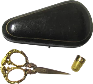 Ornate Scissorswith Caseand Thimble PNG