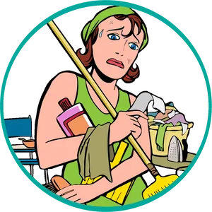 Overwhelmed Cleaning Lady Illustration PNG image