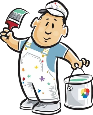 Painter Cartoon Character Holding Brushand Paint Bucket PNG image