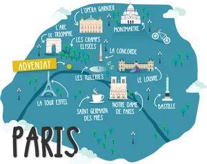 Paris Landmarks Illustrated Map PNG image