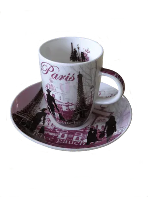 Paris Themed Coffee Cupand Saucer PNG image