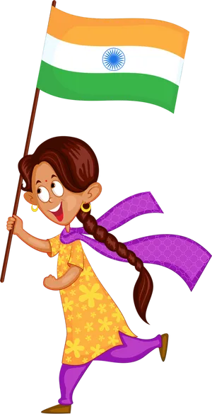 Patriotic Indian Girl Carrying Flag PNG