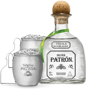 Patron Silver Tequila Bottleand Cups PNG image