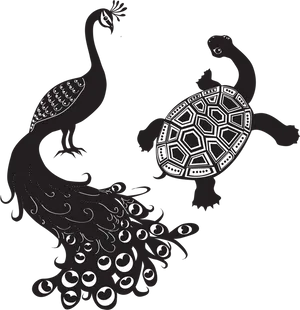 Peacock_and_ Tortoise_ Stylized_ Artwork PNG image