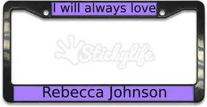 Personalized Love License Plate Frame Rebecca Johnson PNG image