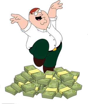 Peter Griffin Celebratingon Money Piles PNG image