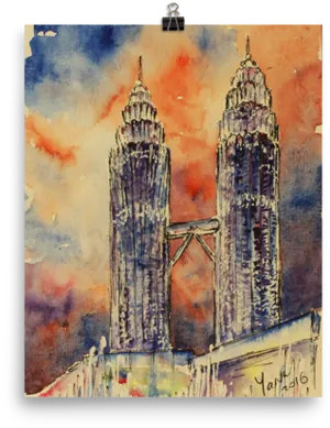 Petronas Towers Watercolor Artwork PNG image