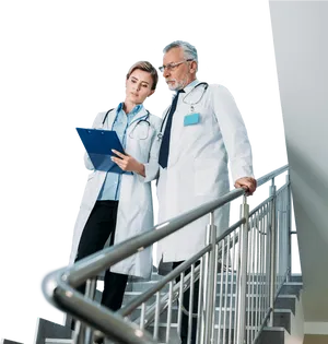 Physicians Discussing Medical Case On Stairs PNG image