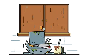 Piled Dishes Cartoon Kitchen Scene