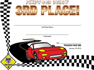 Pinewood Derby3rd Place Certificate Template PNG image