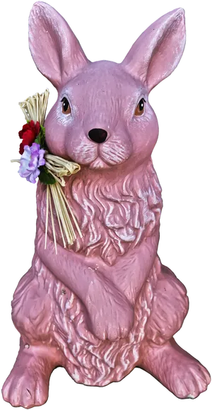 Pink Bunny Figurine Holding Flowers PNG image