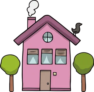 Pink Cartoon Housewith Trees