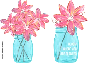Pink Flowersin Blue Jars Inspirational Quote PNG image