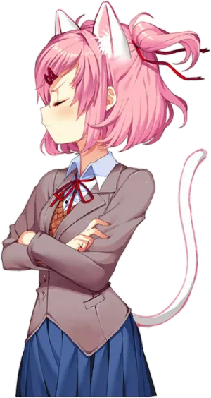 Pink Haired Anime Cat Girl Crossed Arms PNG image