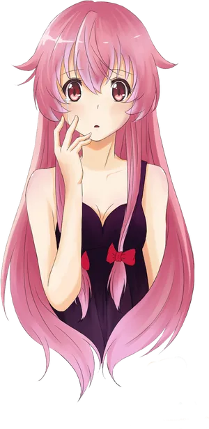 Pink Haired Anime Girl Thoughtful Pose PNG image